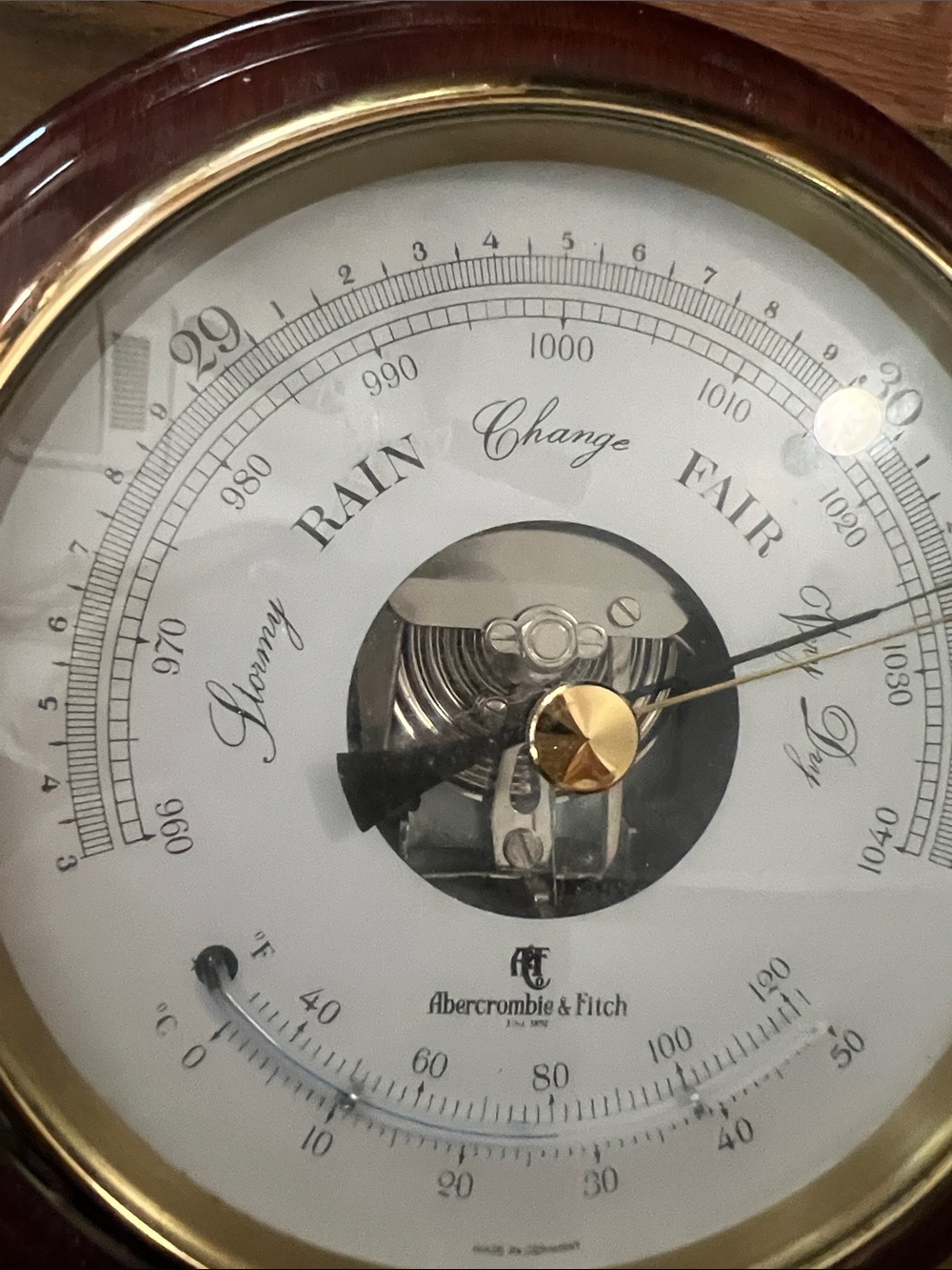Abercrombie & Fitch Beveled Mahogany and Brass Wall Barometer - Picture 3 of 12